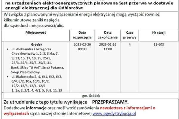 POWIADOMIENIE o przerwach w dostawie prądu - 26.02.2025 r.